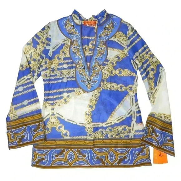 Hale Bob Cabana Tunic Top Size XS Blue White Cotton Silk Blend Jeweled NWT - Picture 1 of 7